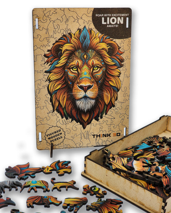 Mighty Lion Wooden Jigsaw Puzzle for Adults and Kids | Laser Cut Premium Wood | Animal Shaped 3D Puzzle Pieces | Unique Gift By Think3D - Arteanu By Anushka