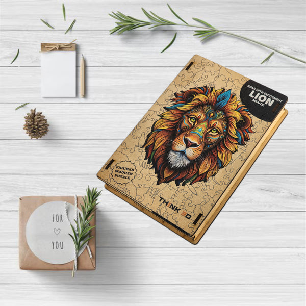 Mighty Lion Wooden Jigsaw Puzzle for Adults and Kids | Laser Cut Premium Wood | Animal Shaped 3D Puzzle Pieces | Unique Gift By Think3D - Arteanu By Anushka