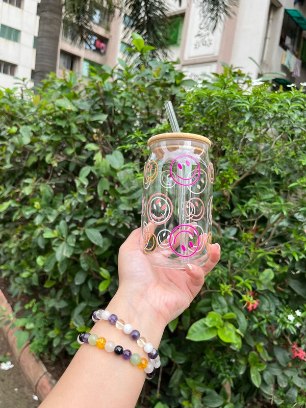 Happy Vibes Glass Can Tumbler - Arteanu By Anushka