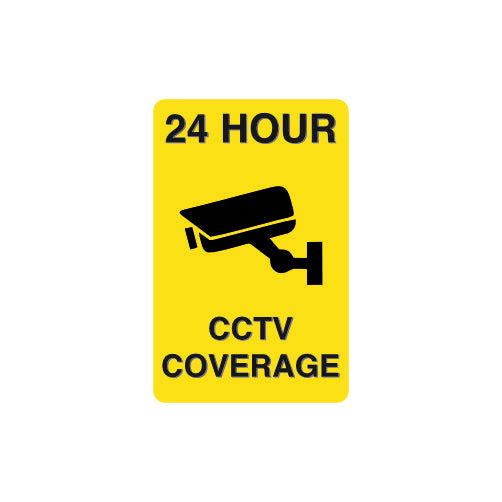 Yellow sign with black text and CCTV symbol on a white background