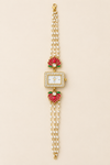 Elegant Kundan & Pearl Enamel Lotus Bracelet Watch