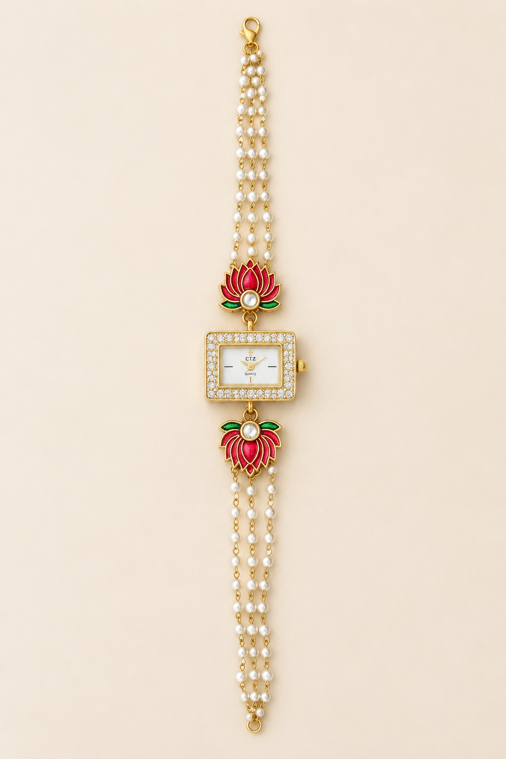 Elegant Kundan & Pearl Enamel Lotus Bracelet Watch