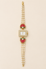 Elegant Kundan & Pearl Enamel Lotus Bracelet Watch