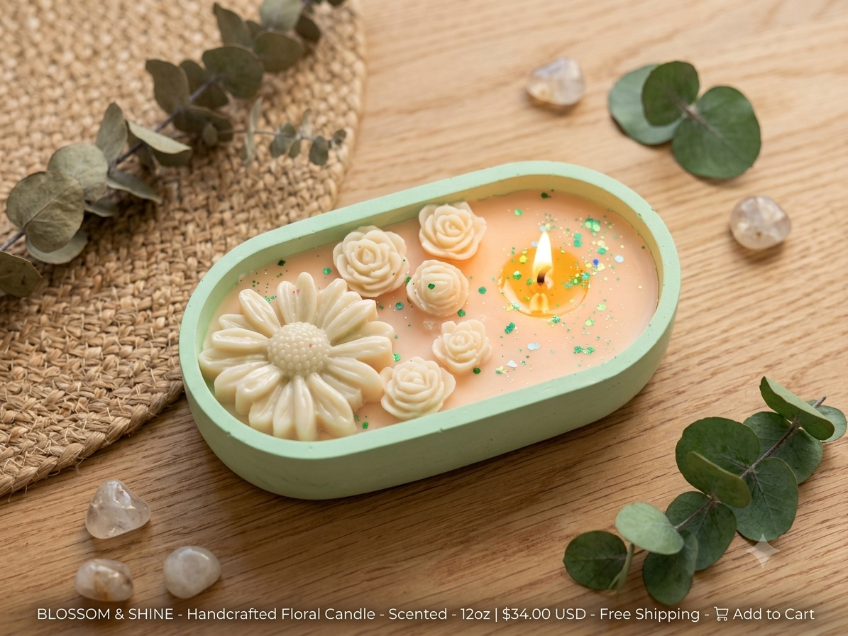 Blossom & Shine Floral Oval Candle in Pastel Mint Vessel