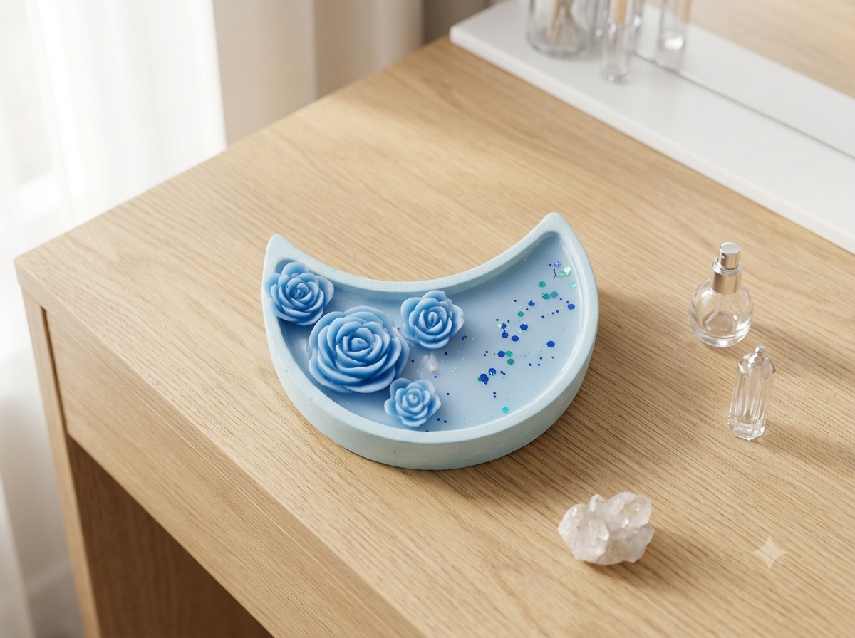 Celestial Lunar Rose Candle in Pastel Blue Crescent Vessel