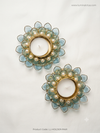 Elegant Pearl & Aqua Glass Lotus Tealight Candle Holder Pair