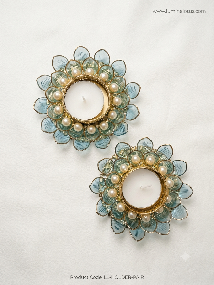 Elegant Pearl & Aqua Glass Lotus Tealight Candle Holder Pair