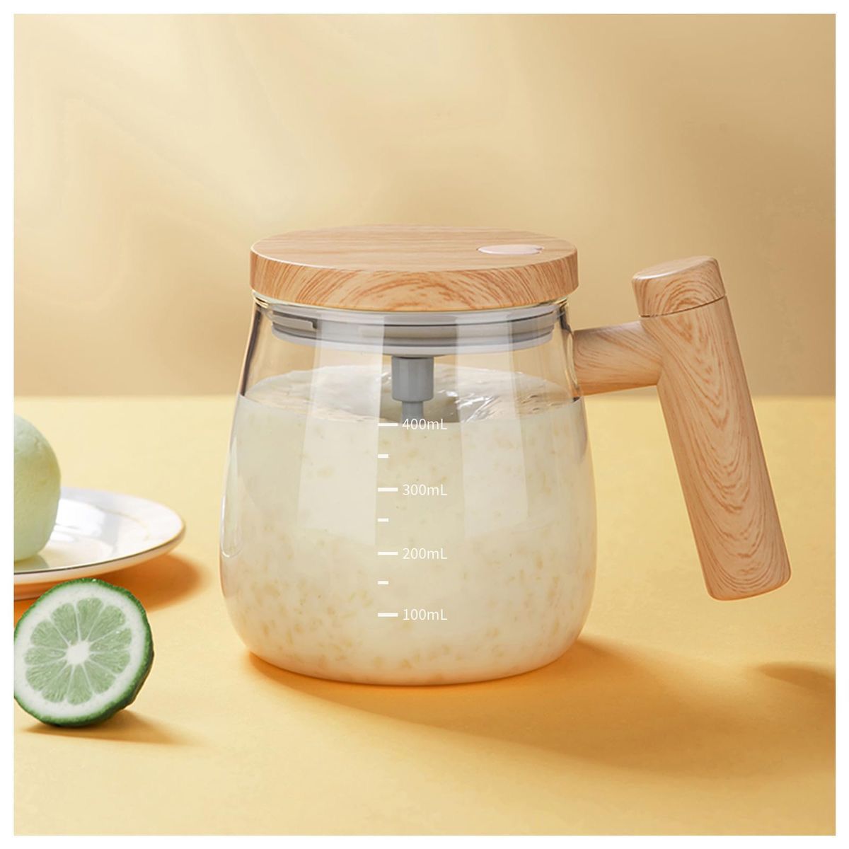 Self-Stirring Glass Coffee Mug with Wooden Handle & Lid – Heat-Resistant Borosilicate Mug with Magnetic Stirring Mechanism for Coffee, Tea, Hot Chocolate & More
