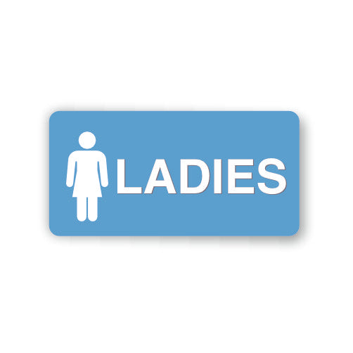 Blue sign with white female symbol and 'LADIES' text on a white background