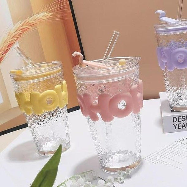 HOHO Hammered Glass Tumbler with Pastel Silicone Grip & Straw 530ML