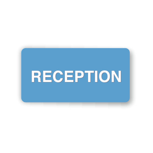Blue sign with 'RECEPTION' text on a white background