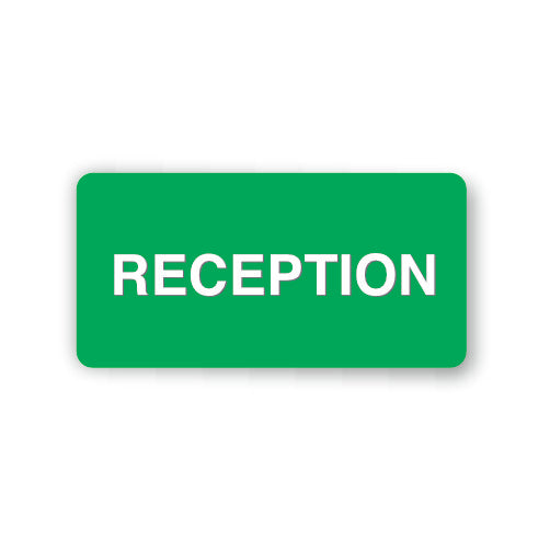 Green sign with 'RECEPTION' text on a white background