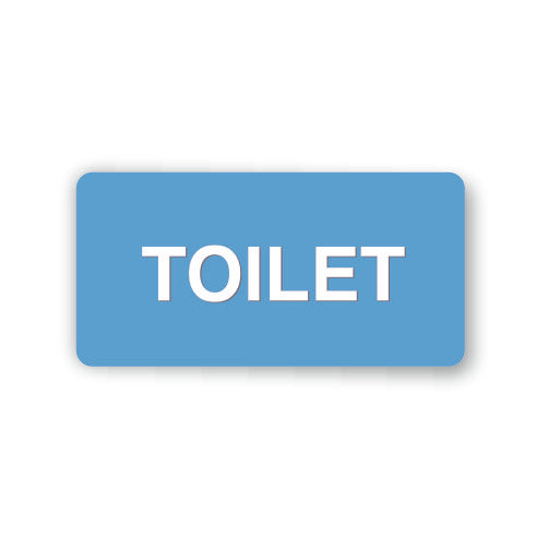 Blue rectangular sign with 'TOILET' text on a white background