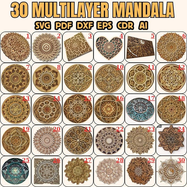 Laser Cut Wooden 3D Multilayer Mandala Art Decor SVG Files - Set of 32 Pieces, Glowforge svg wall art vector Cricut file cnc vector template - Arteanu By Anushka