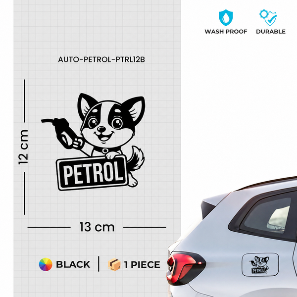 Petrol-themed car decal with dimensions and features on a white background