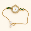 Elegant Gold-Tone Crystal & Emerald Green Pearl Bracelet Watch
