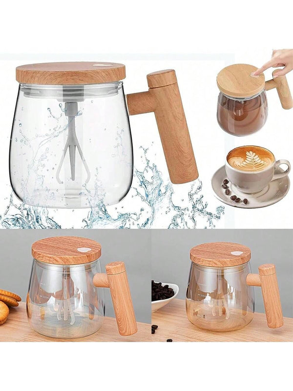 Self-Stirring Glass Coffee Mug with Wooden Handle & Lid – Heat-Resistant Borosilicate Mug with Magnetic Stirring Mechanism for Coffee, Tea, Hot Chocolate & More