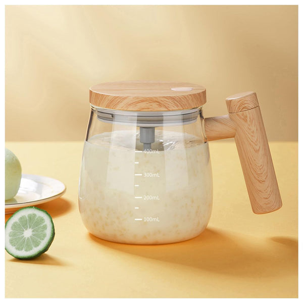 Self-Stirring Glass Coffee Mug with Wooden Handle & Lid – Heat-Resistant Borosilicate Mug with Magnetic Stirring Mechanism for Coffee, Tea, Hot Chocolate & More