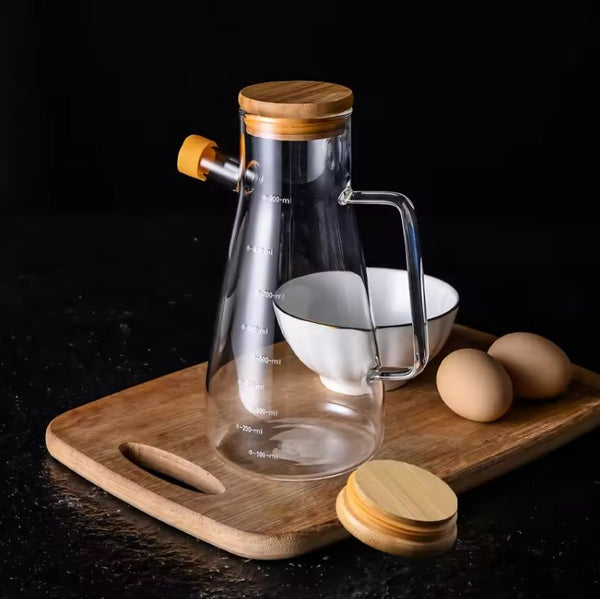 Premium Glass Oil & Vinegar Dispenser Bottle with Wooden Lid – 900 ml