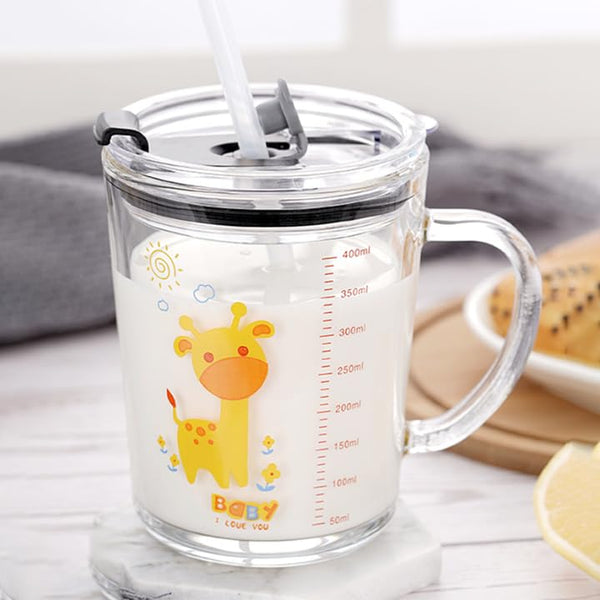 Cute Kids Glass Milk Mug with Straw & Handle – 400 ml