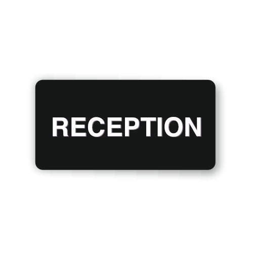 Black sign with 'RECEPTION' text on a white background