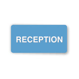 Blue sign with 'RECEPTION' text on a white background